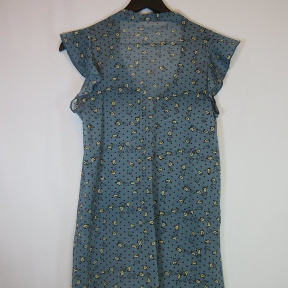 Bird Print Sheer Flutter Sleeve Tie Neck Blouse - Picture 6 of 7